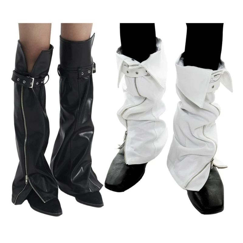 

Rock Punk Zipper Buckle Long Leg Socks Gothic Leather Leg Warmers Harajuku Knee High Leg Sleeve Socks for Womens