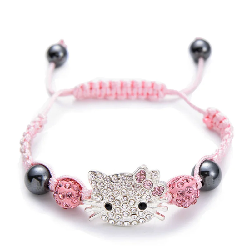 

Kawaii Hello Kitty Cat Charm Bracelet Cartoon Razrazry Round Crystal Beads Colorful Diamonds Handwoven Kids Jewelry Gifts Girls