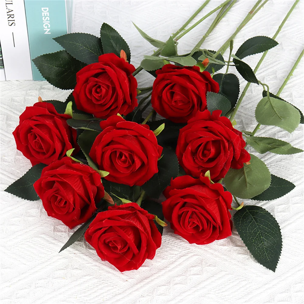 Artificial Flowers Fake Roses With Stem Red Silk Rose Bouquet Wedding Home Table Decoration Christmas Valentine's Day Gift 1PCs