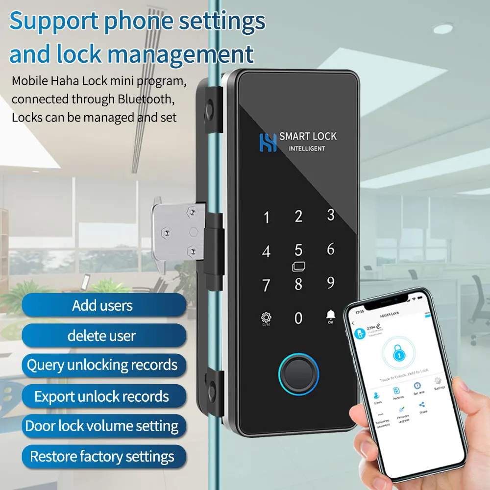 HAHA Lock APP Fingerprint Lock Bluetooth Smart Glass Door Biometric Electronic Digital Door Lock IC 13.56Mhz RFID Remote Unlock