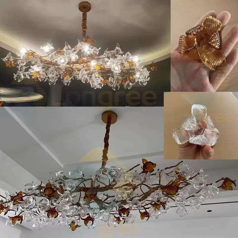 Murano Glass Flower Chandelier Brass Hanging Light Fixture for Dining Room Kitchen Luxury Designer Ceiling Lamp Decor