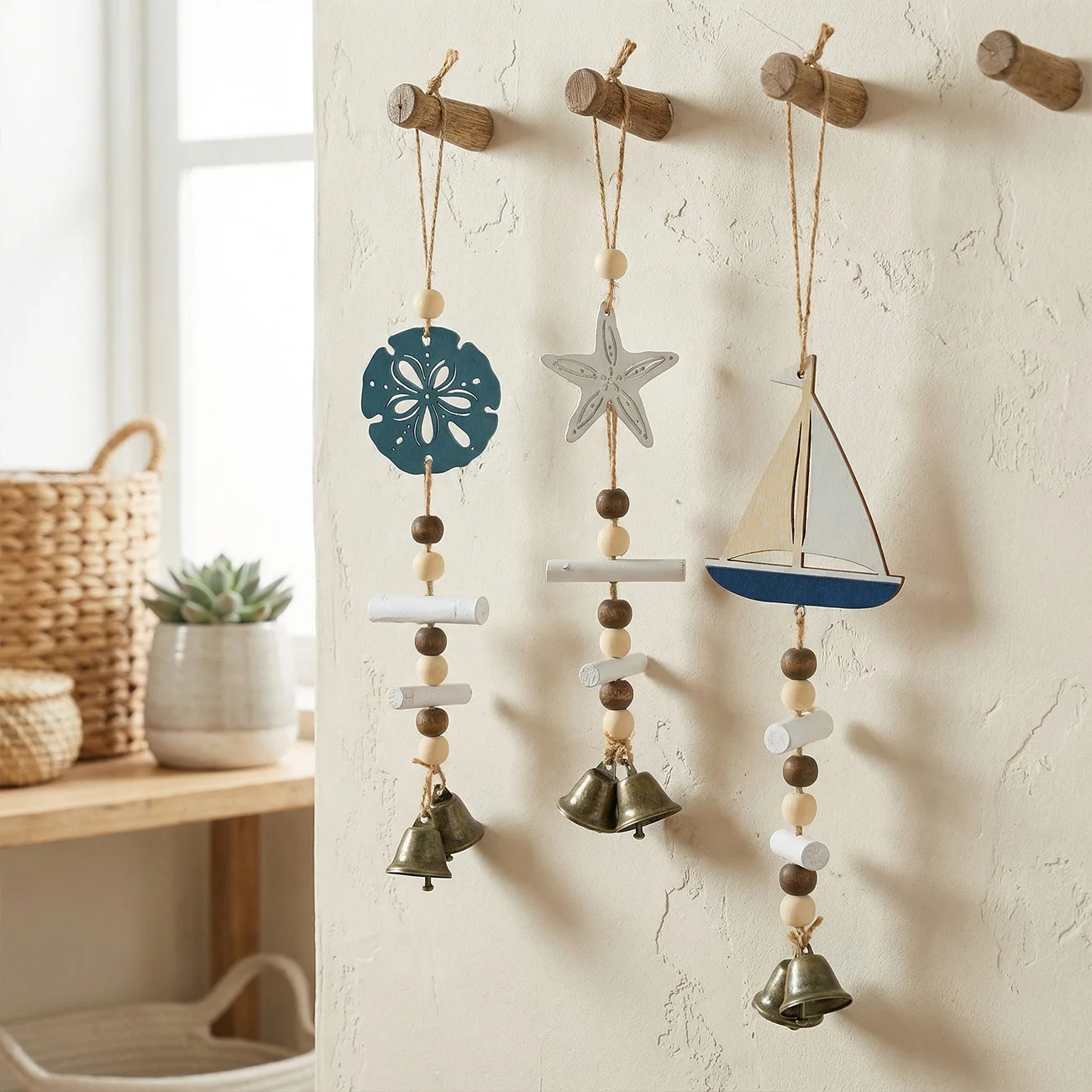 Retro Wooden Ocean Wind Chime, Starfish & Sailboat Decor, Indoor & Outdoor Hanging Ornament for Christmas