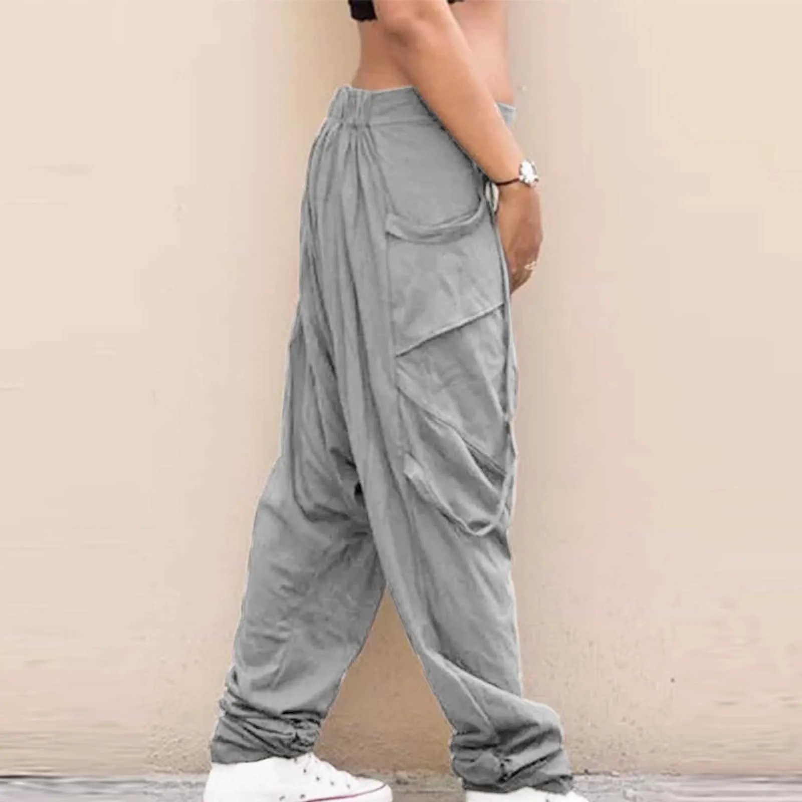 Men\'s Casual Elastic Waist Baggy Trousers Long Harem Pants Boho Low Rise Drop Crotch Retro Print Loose Trouser Men Clothing 2024