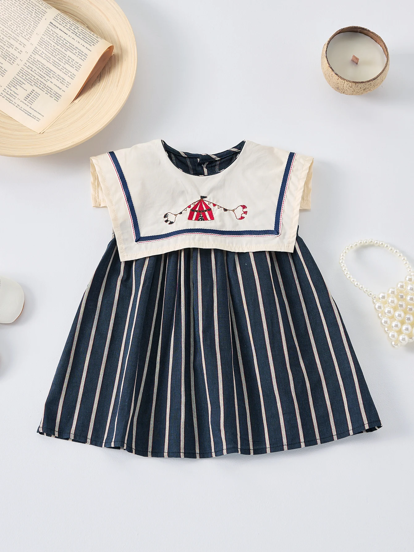 Robe d'été décontractée pour filles, jupe rayée à grand revers, sans manches, brodée