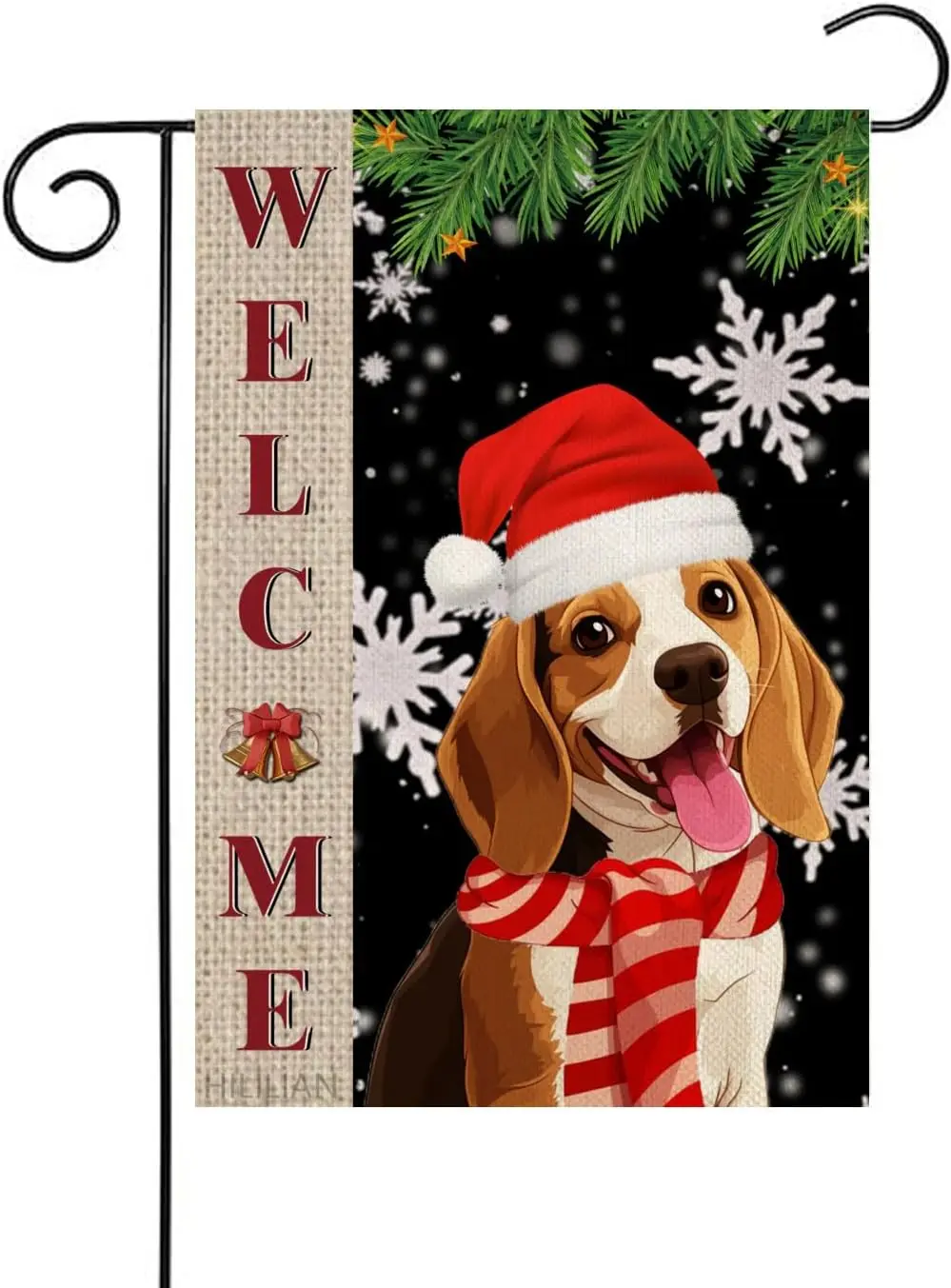 Beagle Christmas Garden Flag Welcome Red Scarf Santa Hat Christmas Bell Yard Flag 12x18 Inch Double Sided Winter Holiday Decorat