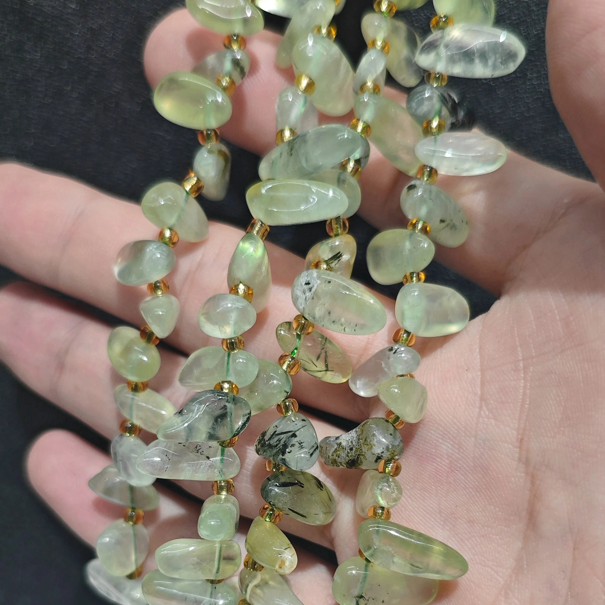 Natural Prehnite with Black Tourmaline Long Chip Bead Strand Gemstone Elongated Pebble Loose Beads Green Crystal Present
