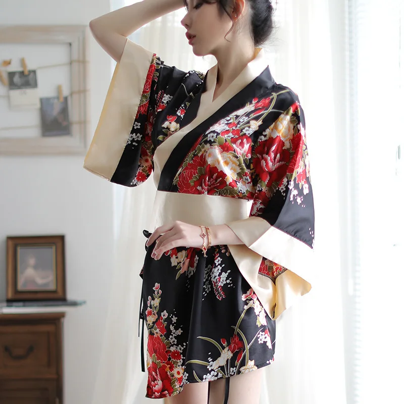 Japanese Kimono Women Bath Robe Sleepwear V-neck Flower Printed Bow Waist Shaping Mini Dress Loose Long Sleeve Night Gown