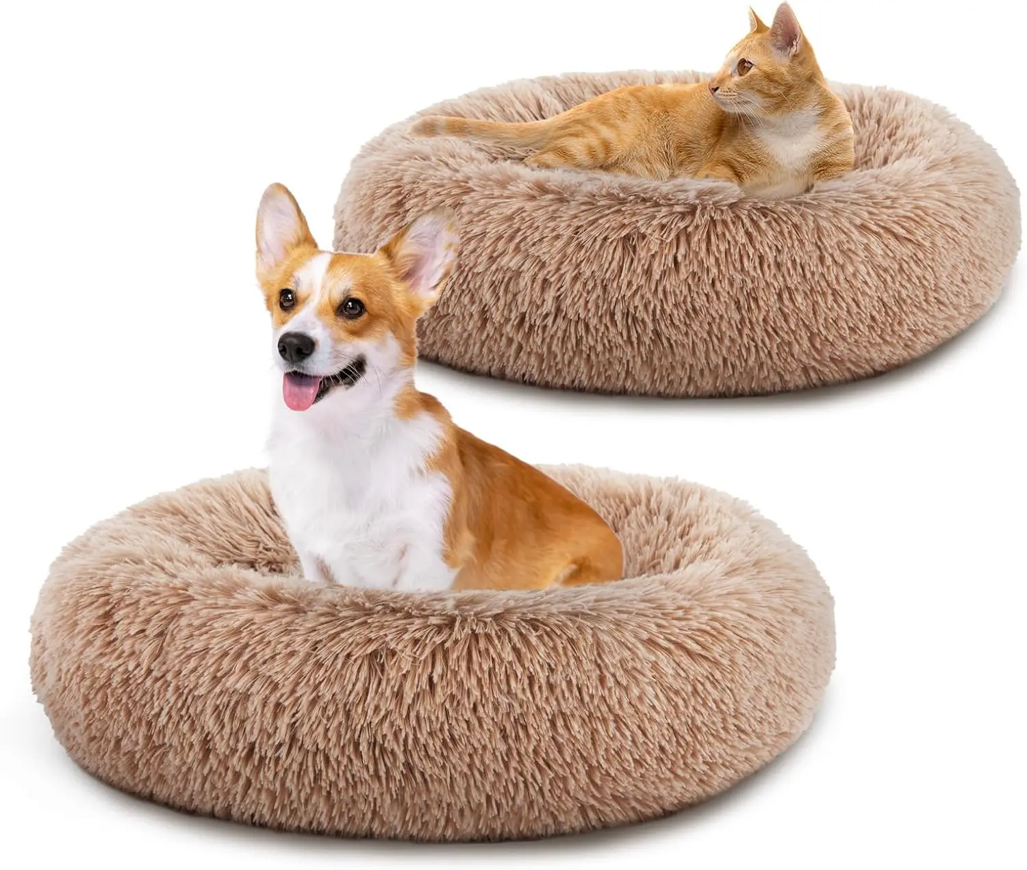 

24.8x24.8 Inch Cozy Donut Pet Bed for Medium Dogs and Cats, Machine Washable Anti-Slip Round Fluffy Faux Fur Bed, Brown (2 Pack)