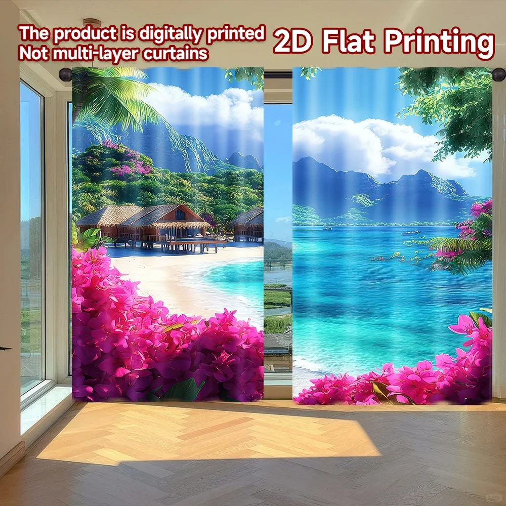 

2D flat printing 2pcs Curtains Tropical Beach Paradise(18) Digital Printed Polyester Drapes Family Party Decoration Use for