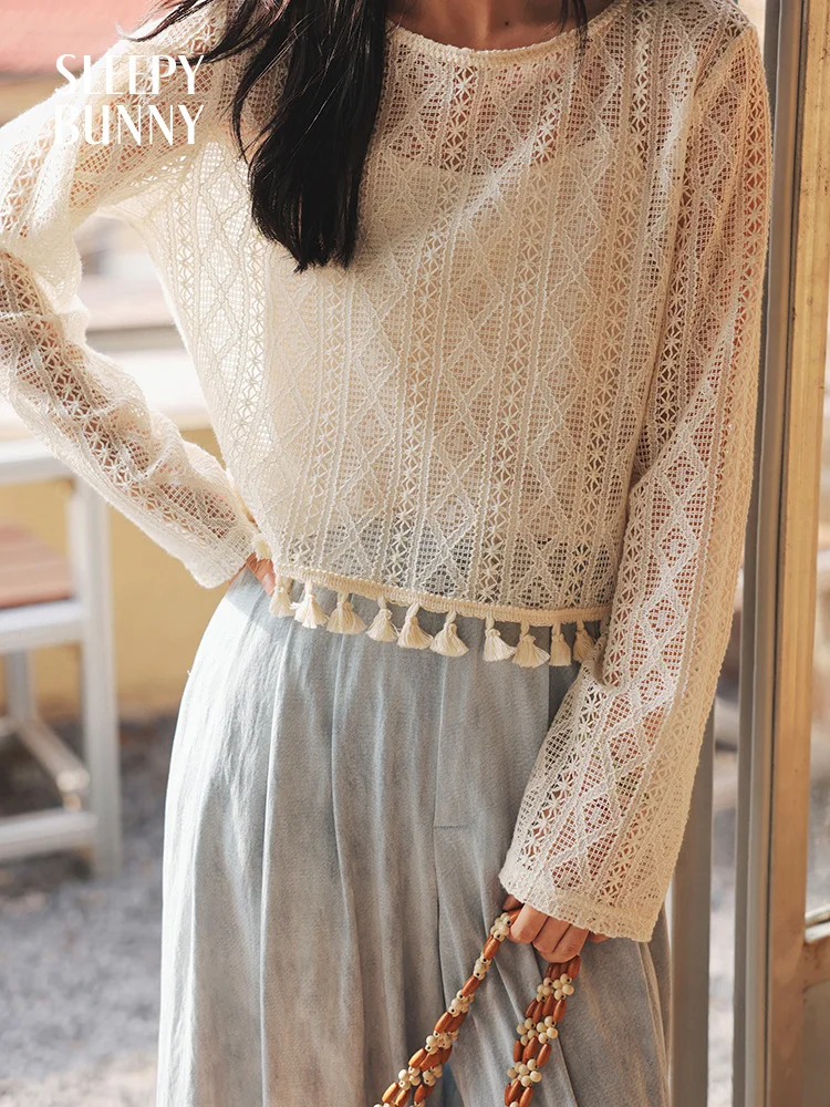 Lace Knit T-Shirt for Women Summer Hollow Out Crochet Top Loose Long Sleeve Tassel Blouse Sun Protection Beach Cover Up Shirt