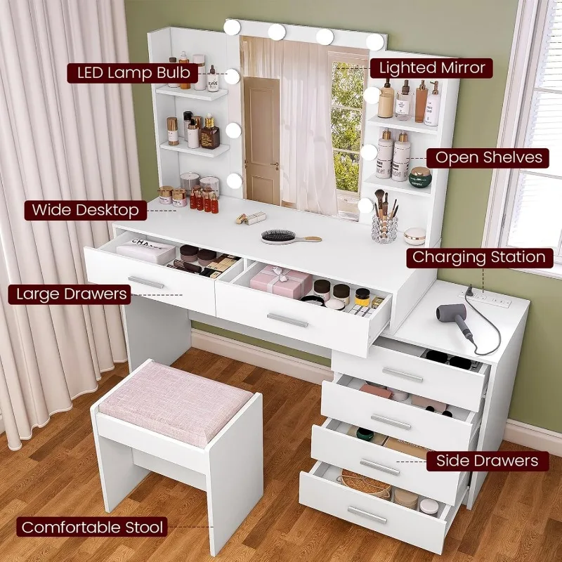 Vanity Desk with Mirror & Lights, Makeup Vanity with 6 Drawers, 6 Open Shelves and Power Outlet, 48” Storage Makeup Vanity Desk