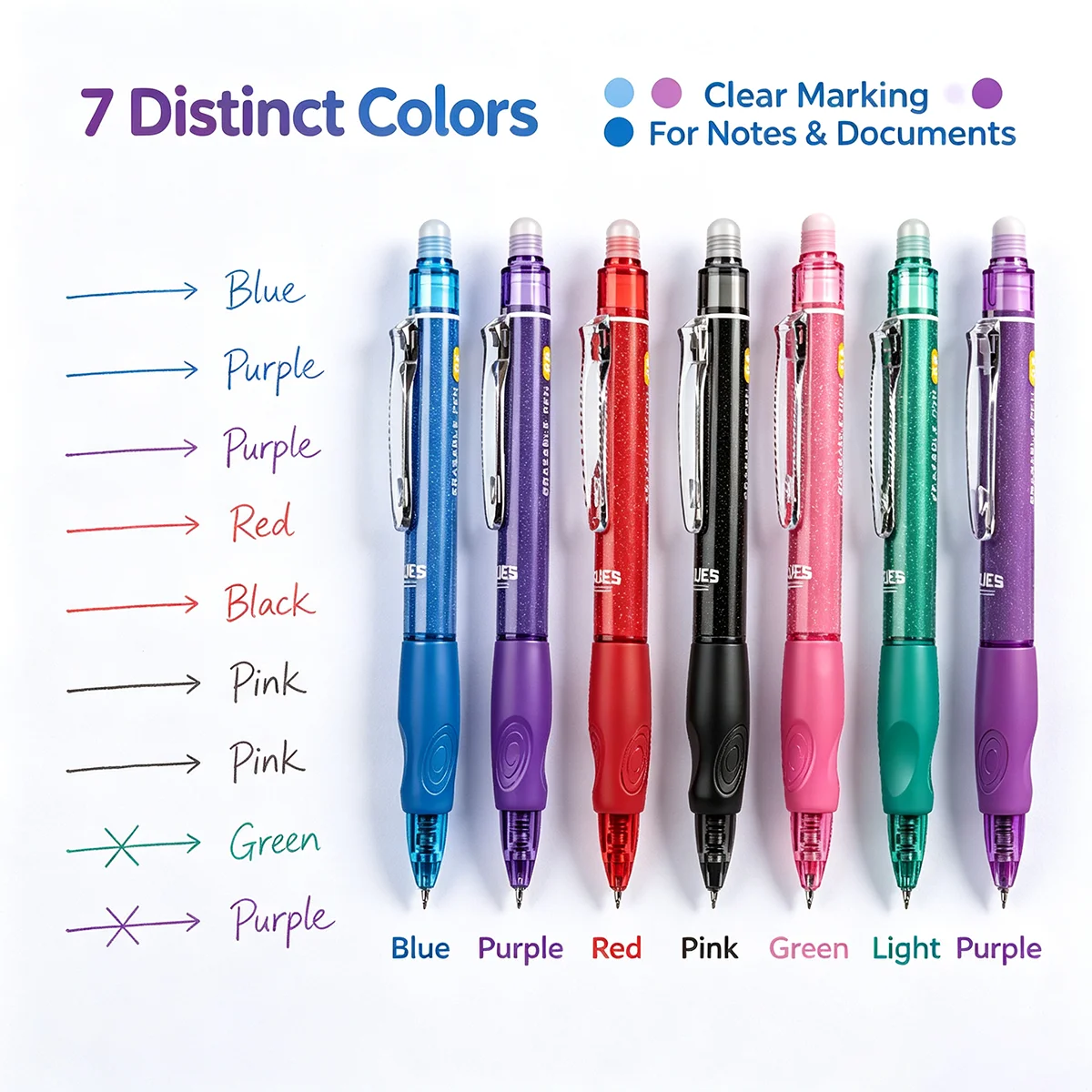 7Pcs Retractable Erasable Gel Pens Set, Transparent Colorful Barrel, Non?Slip Soft Rubber Grip, Clip Design, Smooth Writing, Mul