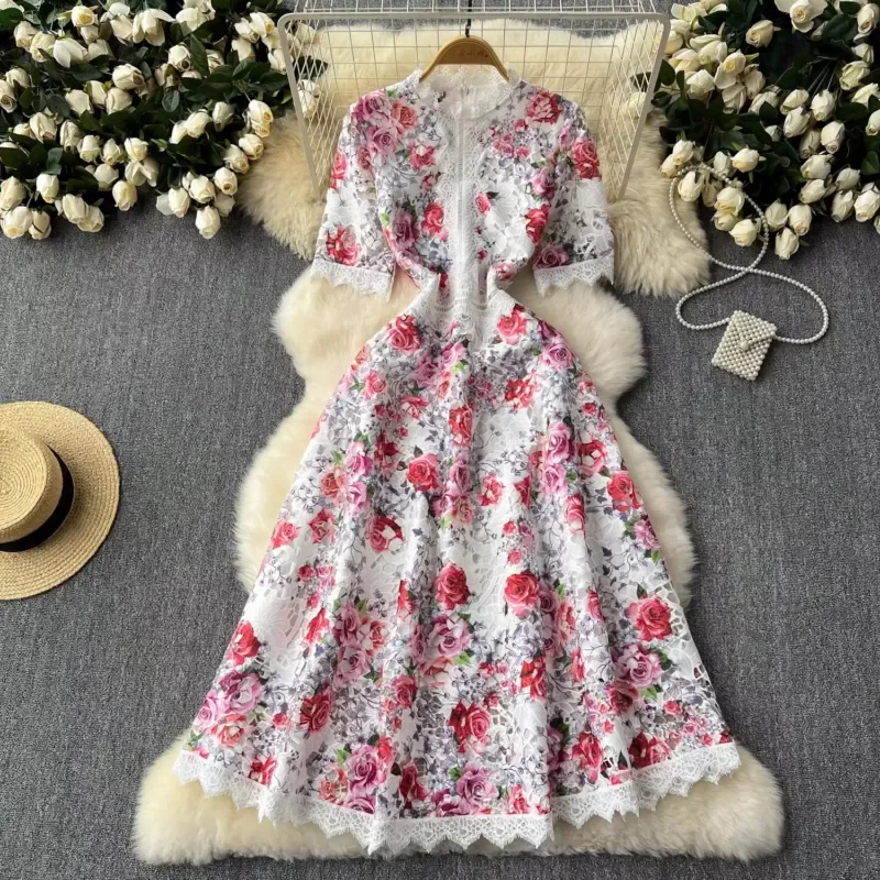 Women Summer Floral Embroidery Crochet Lace Dress Short Sleeve Patchwork Midi Evening Prom Holiday Party Vestidos for