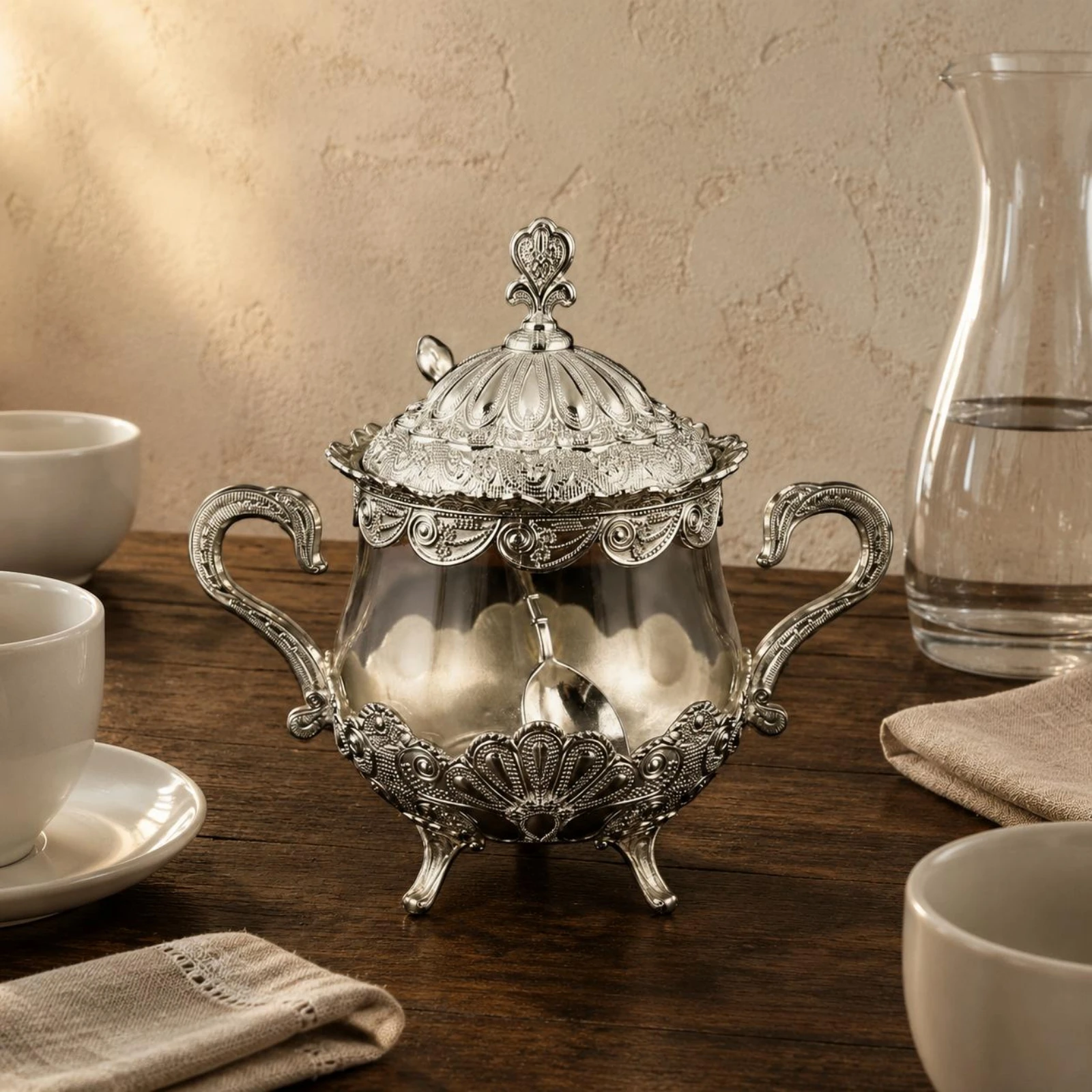 Ornate Sugar Bowl Peacock Pattern Sugar Pot Seasoning Storage Jar Easy to Clean Tableware Includes Spoon for Kitchen