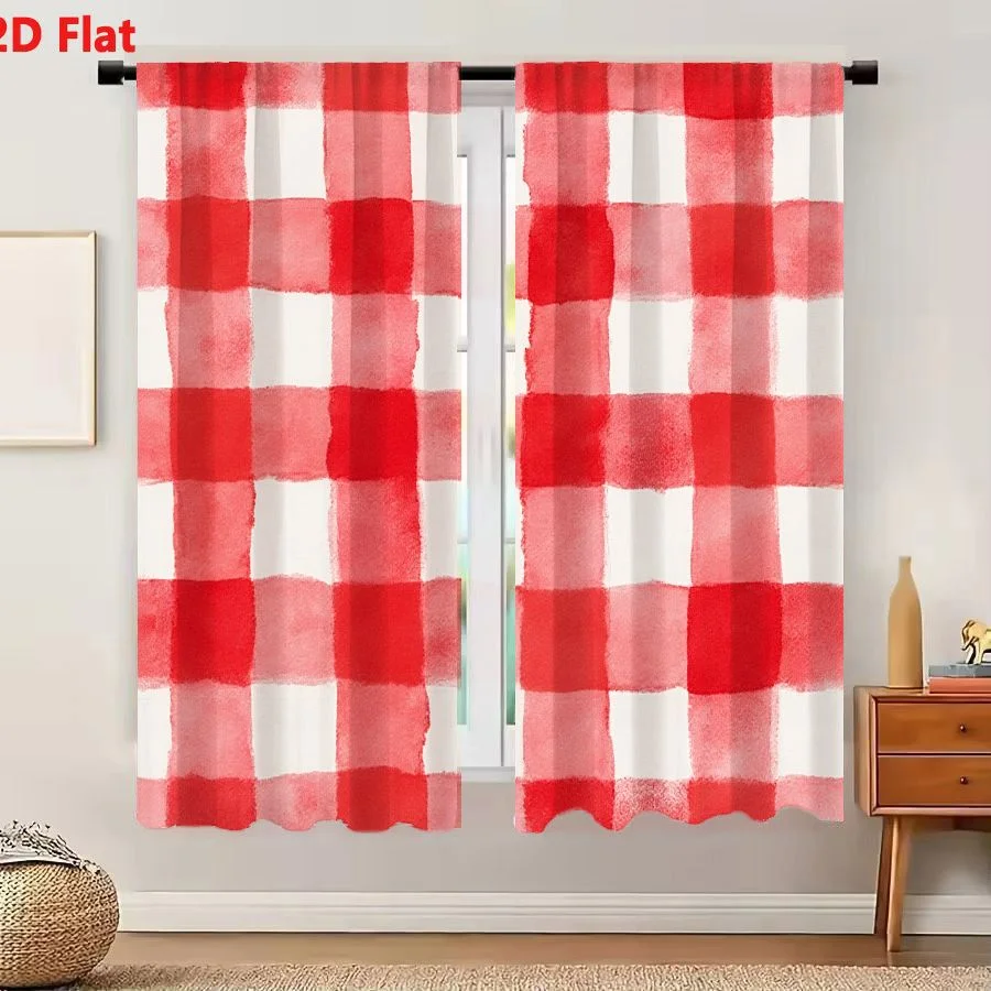 2Pcs Curtains 2D Flat Watercolor Red And White Gingham Checkered Pattern Background Window Drapes for Bedroom Room Decor Decorat