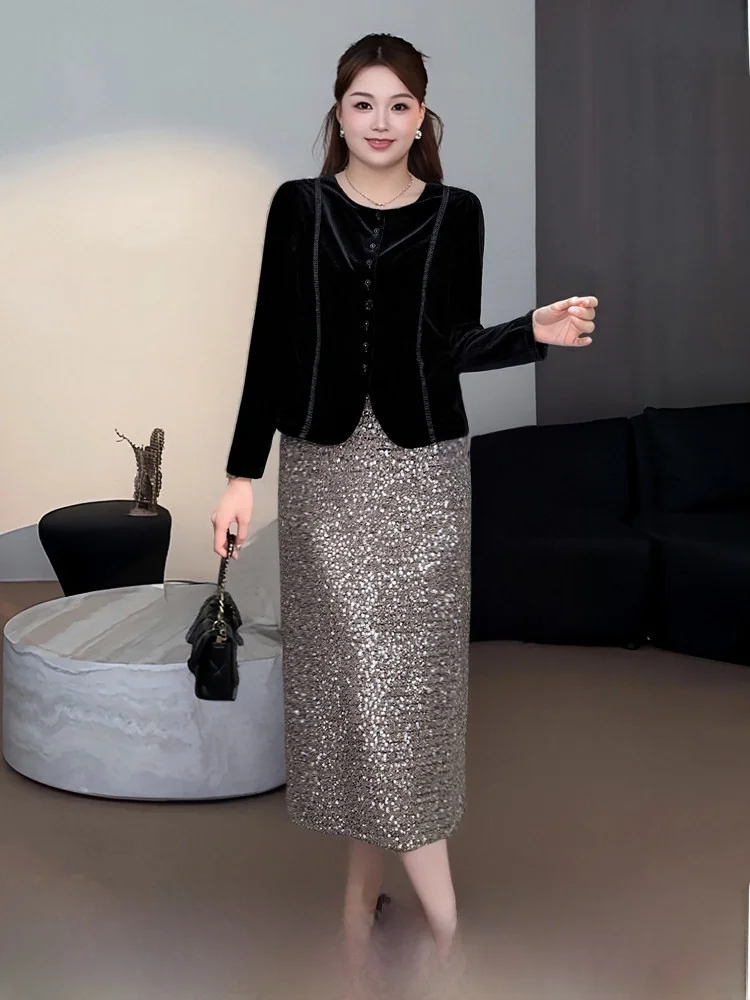 

Velvet Long Sve Sequin Skirt And Top Set for plus Size Women Spring Faion Ele Sle Commute Korean Loose Fit