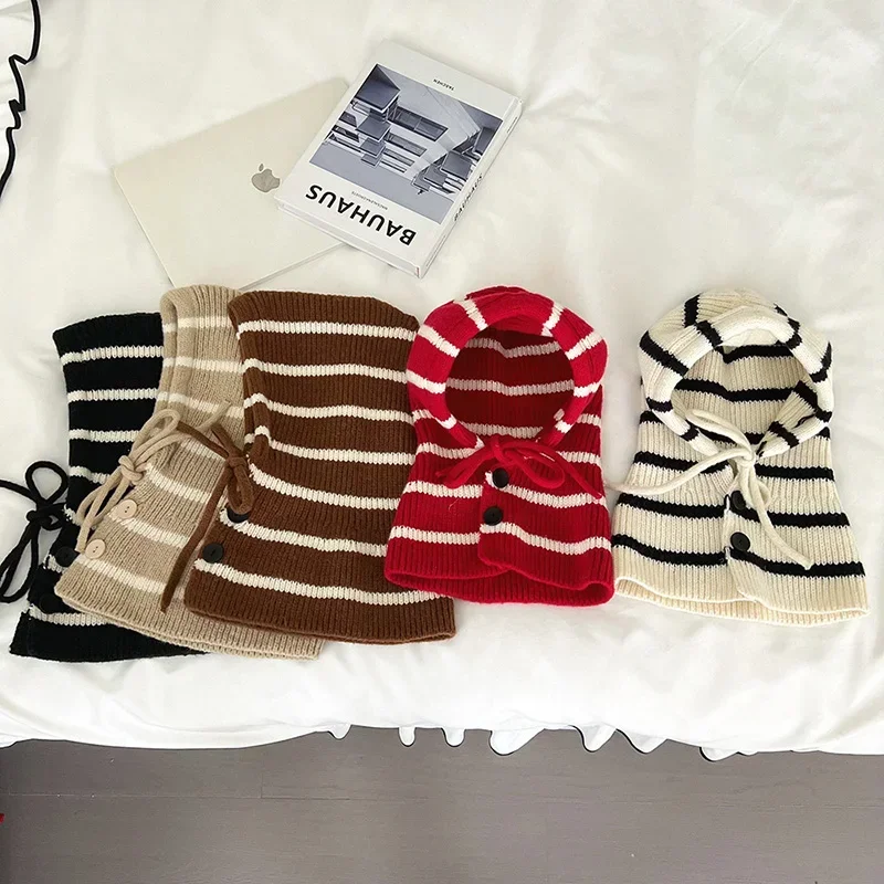 Cappello lavorato a maglia invernale a righe 2 in 1 per bambini - Berretto caldo con collo antivento e sciarpa monopezzo per ragazzi e ragazze