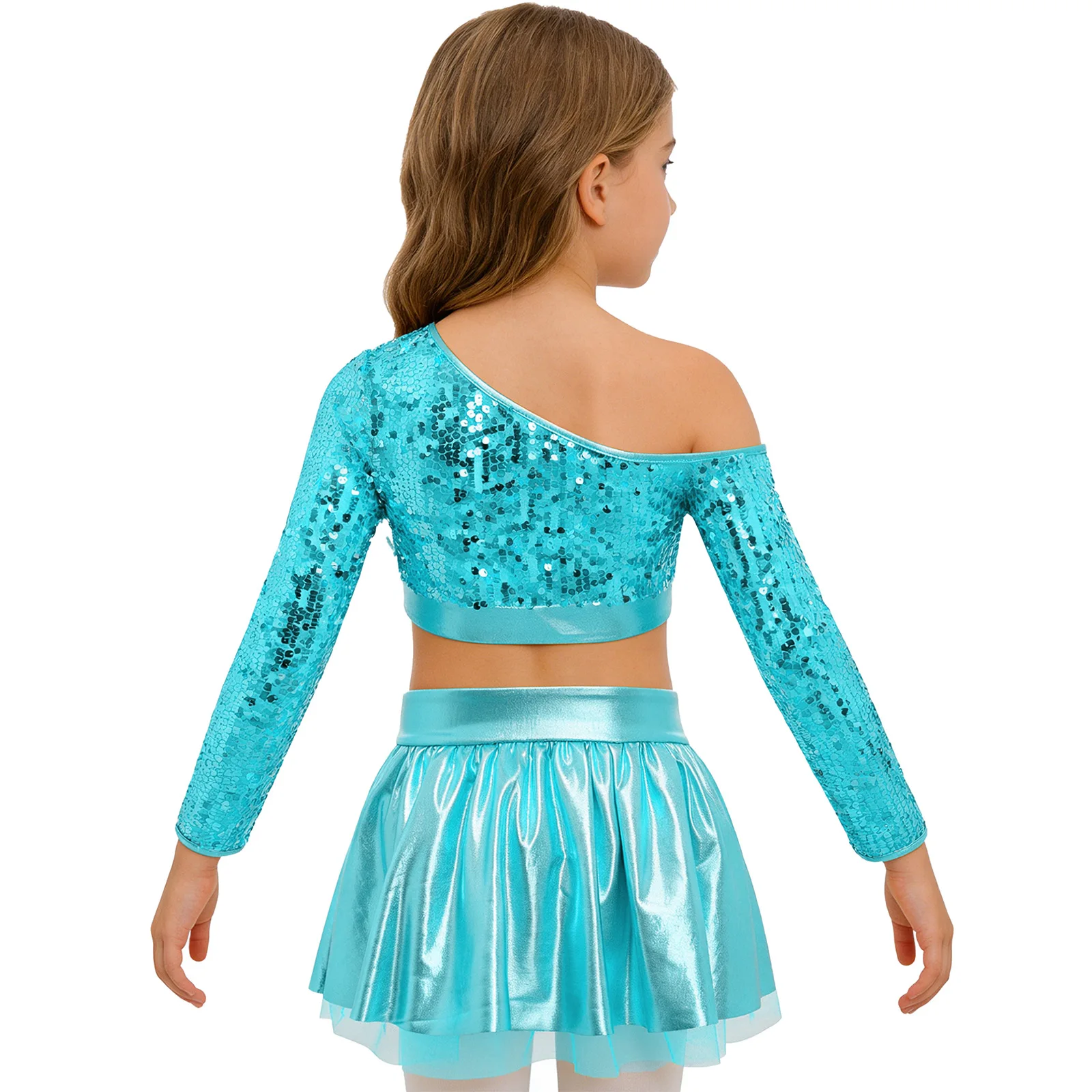 Kids Girls Jazz Dance Outfit One Shoulder Long Sleeve Sequins Top with Metallic Tutu Skirt Pageant Set Disco Dance Performance