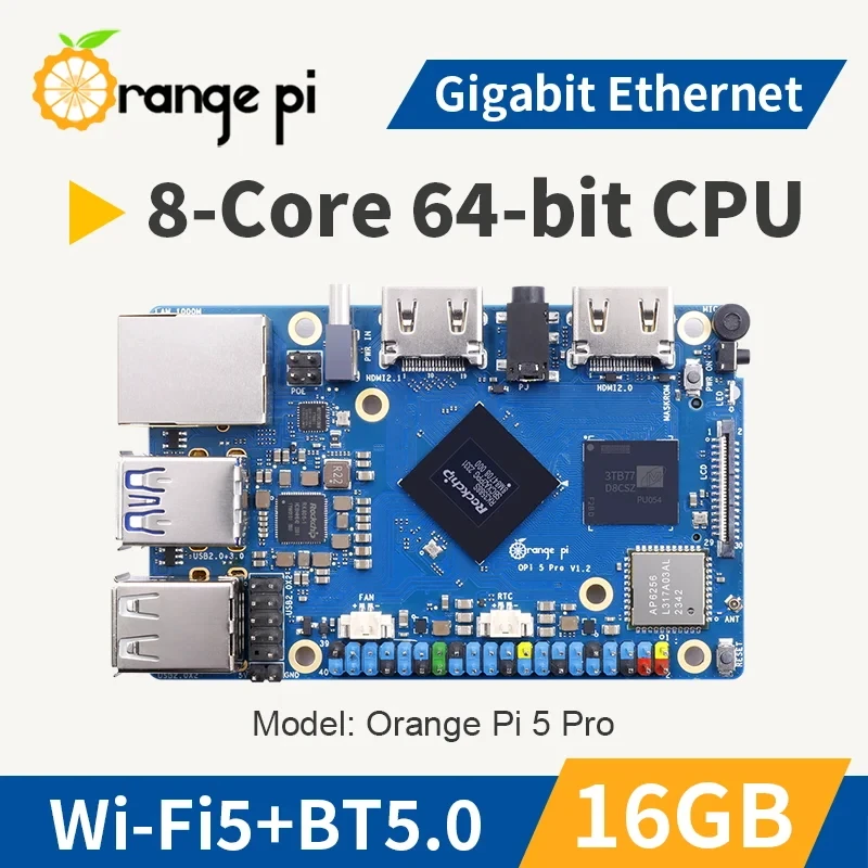 Orange Pi 5 Pro 16GB RAM Rockchip RK3588S 8-Core 64-Bit Wi-Fi 5+BT5.0 M.2 M-KEY Slot Gigabit Ethernet Mini PC Development Board