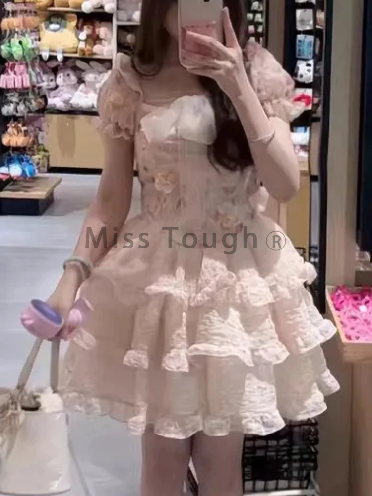 Summer Party Mini Dress Women New Flower Bow Lolita Sweet Dress Female Korean High Waist Short Sleeves Cake Fairy Dress 2024