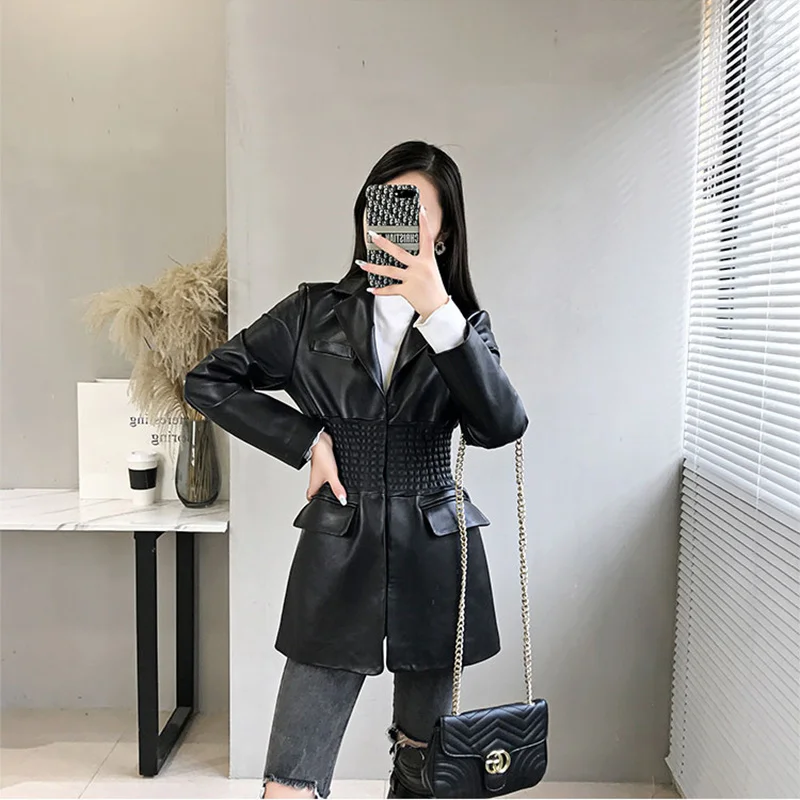 Leather Clothes Women's Spring Genuine and Autumn Medium Long Casual Slim fit Elastic Waist Sheepskin Leather Overcoat Female