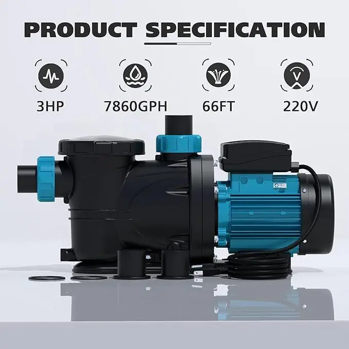 in/Above Ground Pool Pump,3 HP with Timer 220V, 7860 GPH Pool Pump,Powerful Self Priming Swimming Pool Pumps，Low Noise