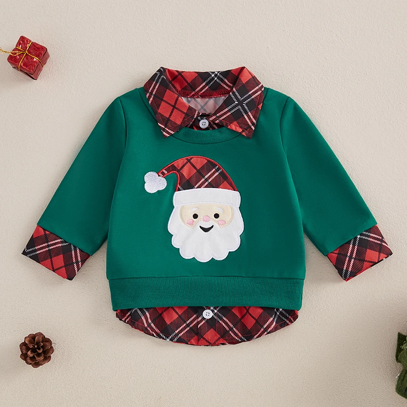 Toddler Boys Christmas Sweatshirt Plaid Santa/Reindeer Long Sleeve Lapel Neck Casual Two Fake Piece Pullover Tops