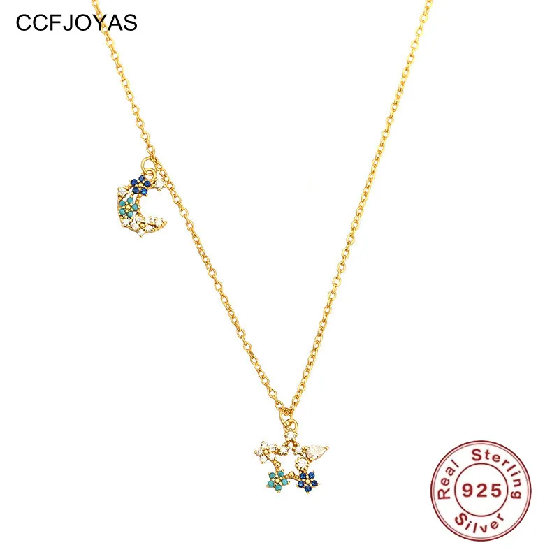 

CCFJOYAS 100% Real 925 Sterling Silver Colorful Zircon Star Moon Necklace for Women Simple ins Clavicle Chain Silver Necklace