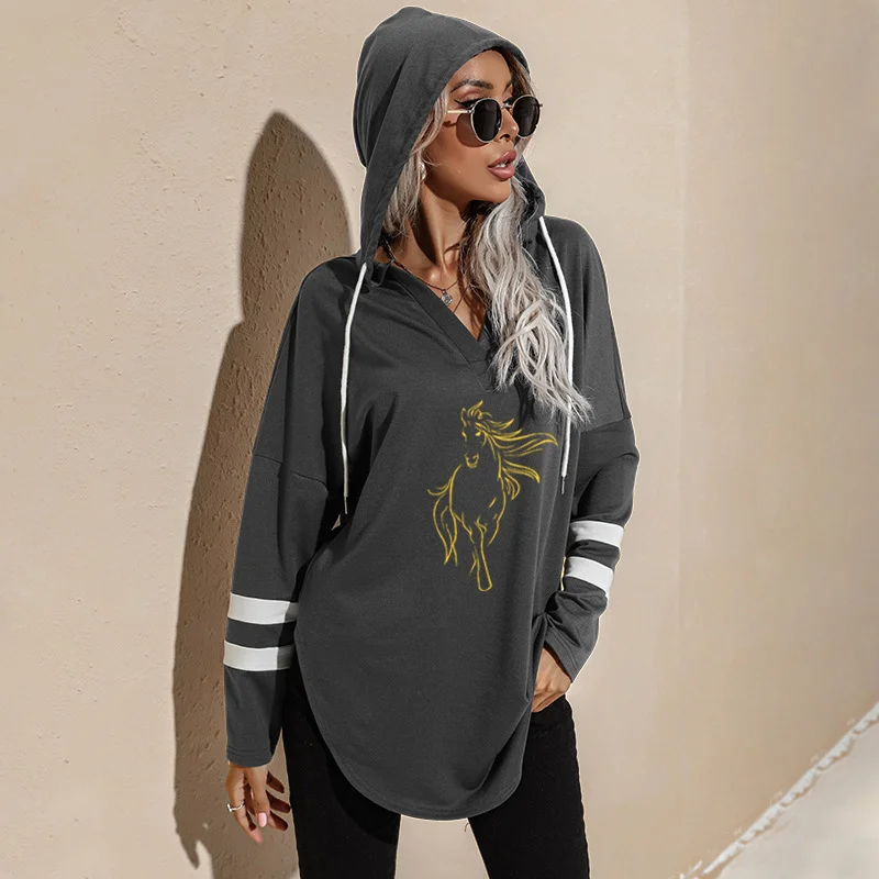 

Women's Long Sleeve Music Notes Print Hoodies V-Neck Loose Vintage Ladies Office Work Elegant Sweatshirts Casual Hoodie