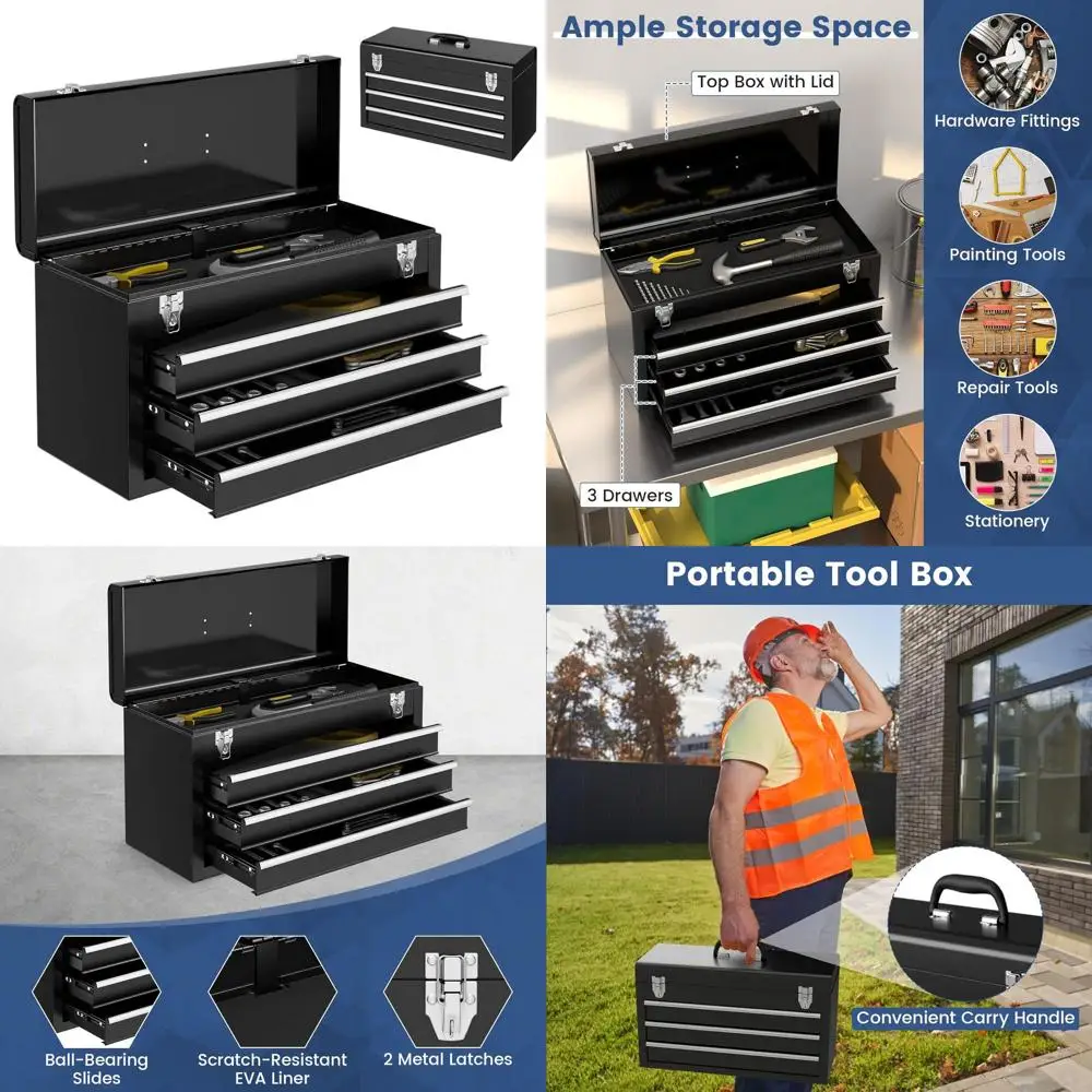 

Портативный металлический ящик для инструментов с 3 ящиками, ручкой, защелками и вкладышем для гаража, мастерской (черный)