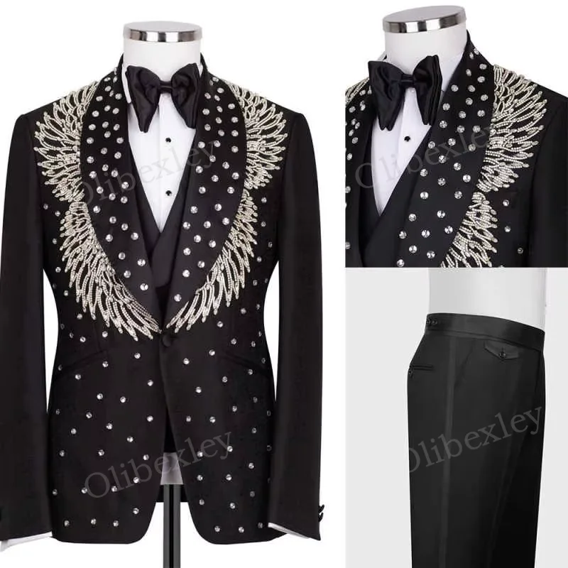 

Luxury Mens Suits 2 Pieces High Quality Customized Beaded Crystals One Button Slim Fit Suits Wedding Groom Business Dinner Party