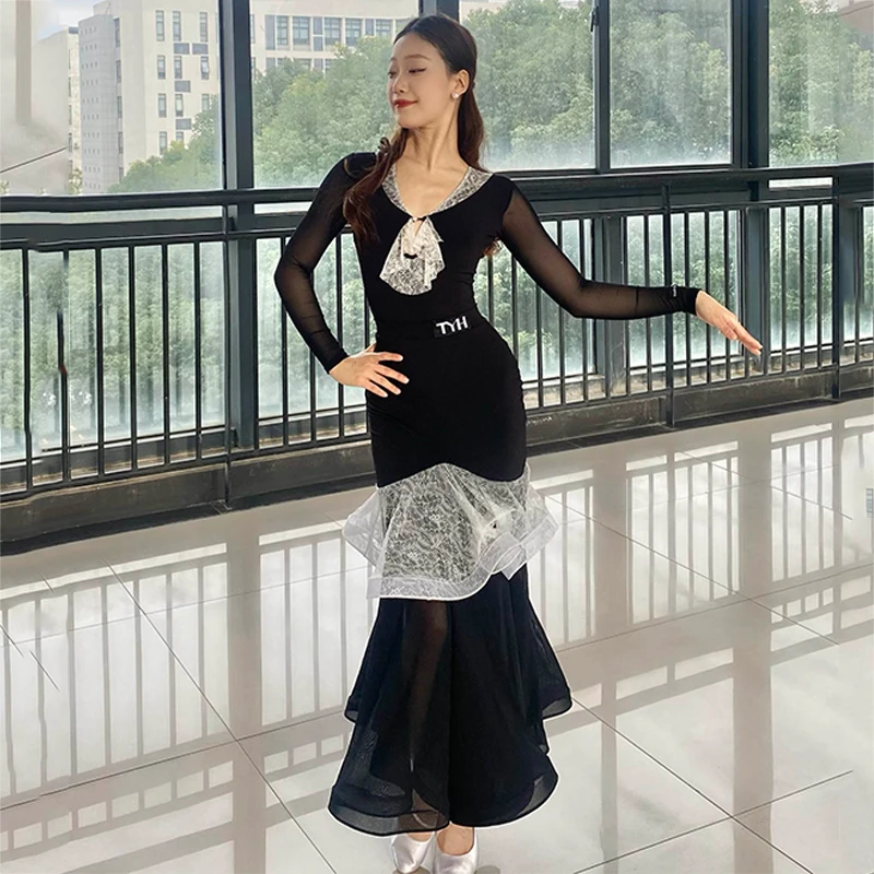 Women Latin Dance Clothes Ballroom Dance Competition Dress Black Tops Lace Skirt Waltz Practice Clothing Club Dance Wear NV22099