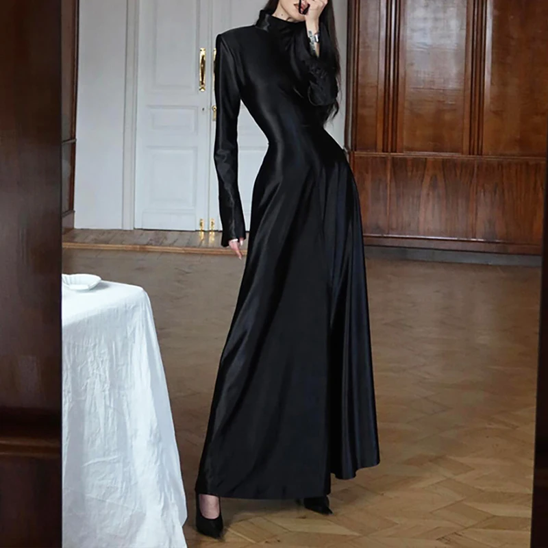 

Классическое черное элегантное модное платье OMSJ с длинными рукавами, облегающее, с завышенной талией, на молнии, базовое, новое, длинное вечернее платье для женщин