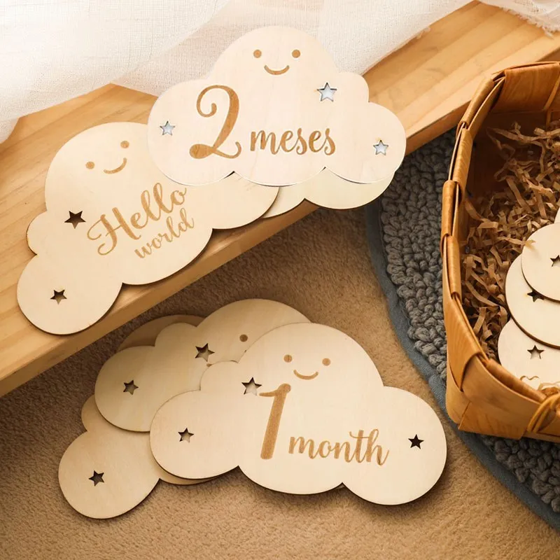 

8pcs/set Wooden Baby Milestone Cards Cute Cloud Shape Milestone Memorial Monthly Baby Commemorativenir Newborn Photo Accessories