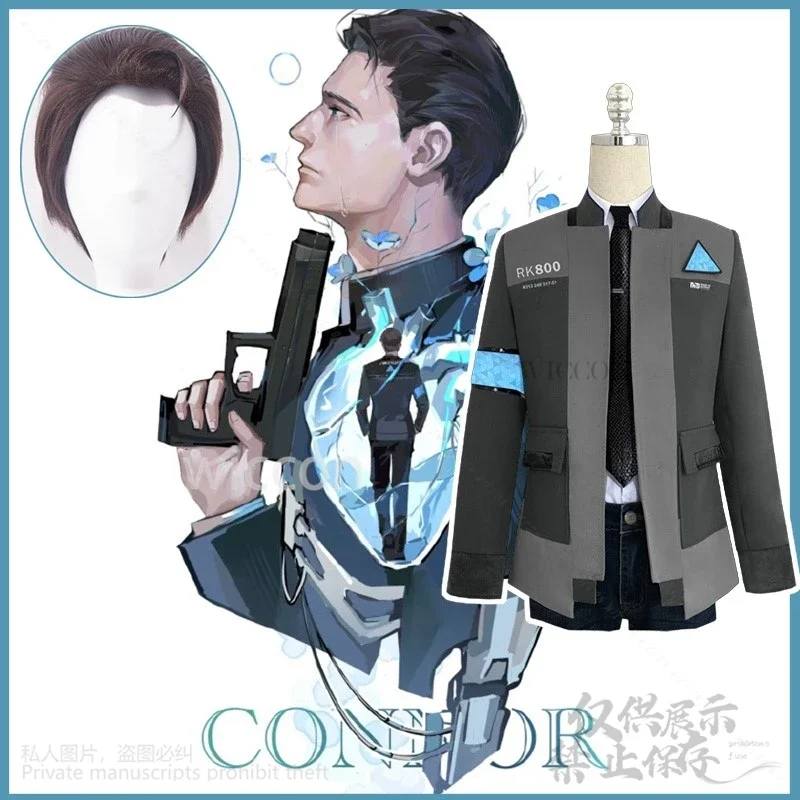 XT8Аниме-игра Detroit Become Human Косплей Connor RK800 Костюм Униформа Хвост Парики для мужчин и мальчиков Хэллоуин Рождество Rol@XT6!