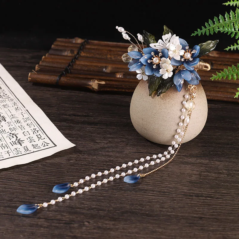 Luxury Hair Clip Blue Flower Hairpin Pearl Long Tassel Hair Stick Chopstick Chinese Hanfu Hair Accessories Vintage Jewelry Sets
