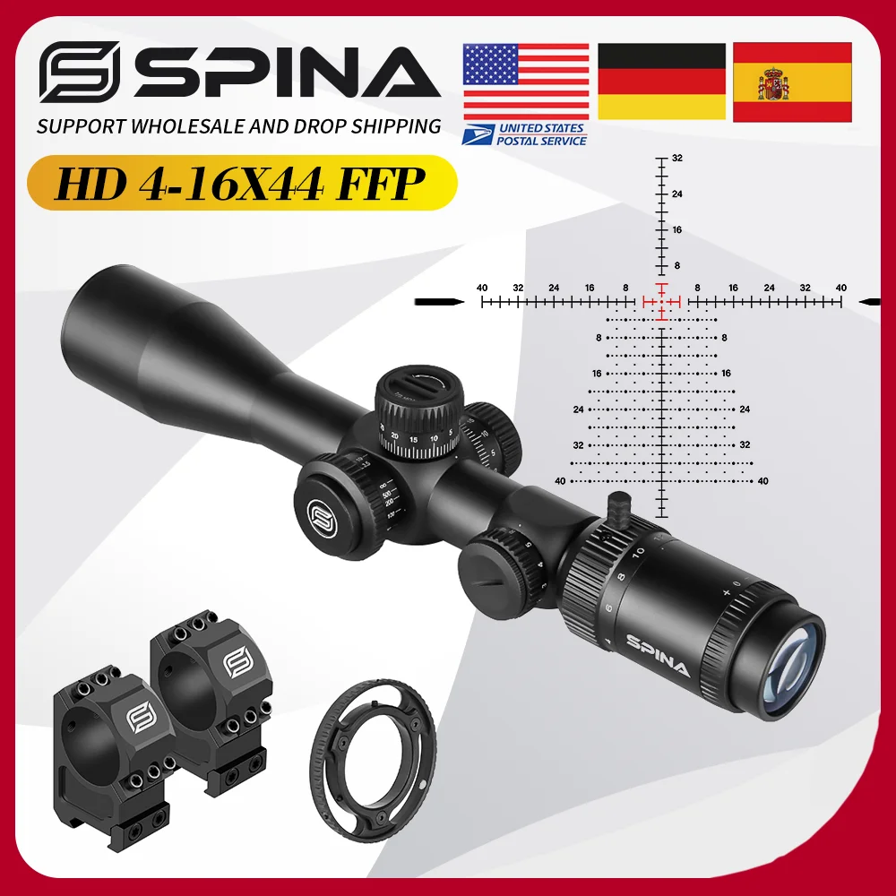 

SSPINA Optics 4-16x44 FFP/SFP 5-200m Hunting Riflescope 10yds to infinite Parallax Red/Green Illuminated AR AK and All Air Guns