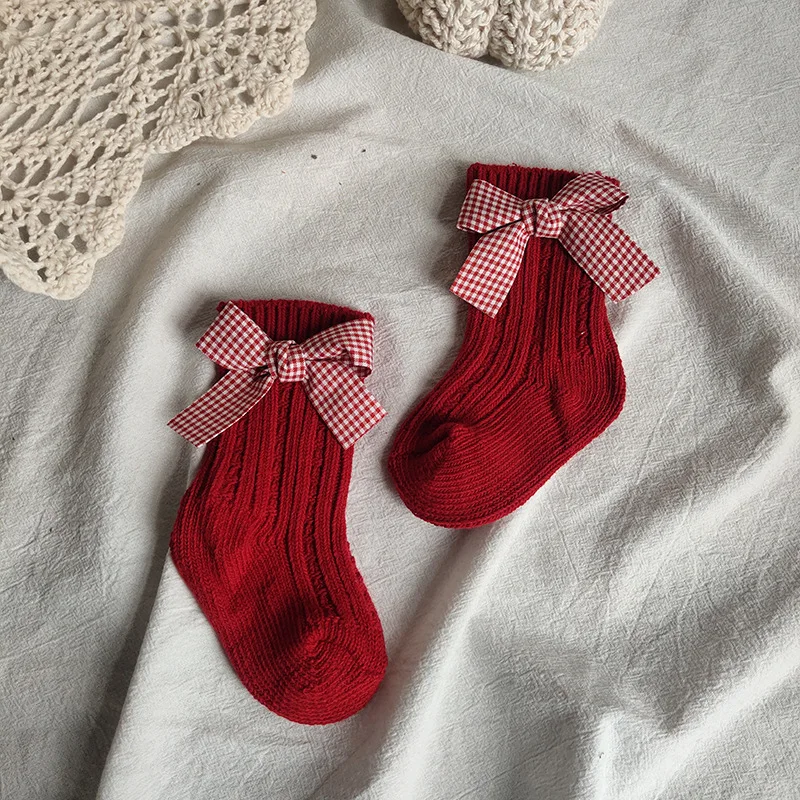 Baby Girls Knee High Socks Kids Cotton Red Big Bow Christmas Sock Solid Woolen Leg Warmers Girl Toddler Soft Socks For 0-3Years