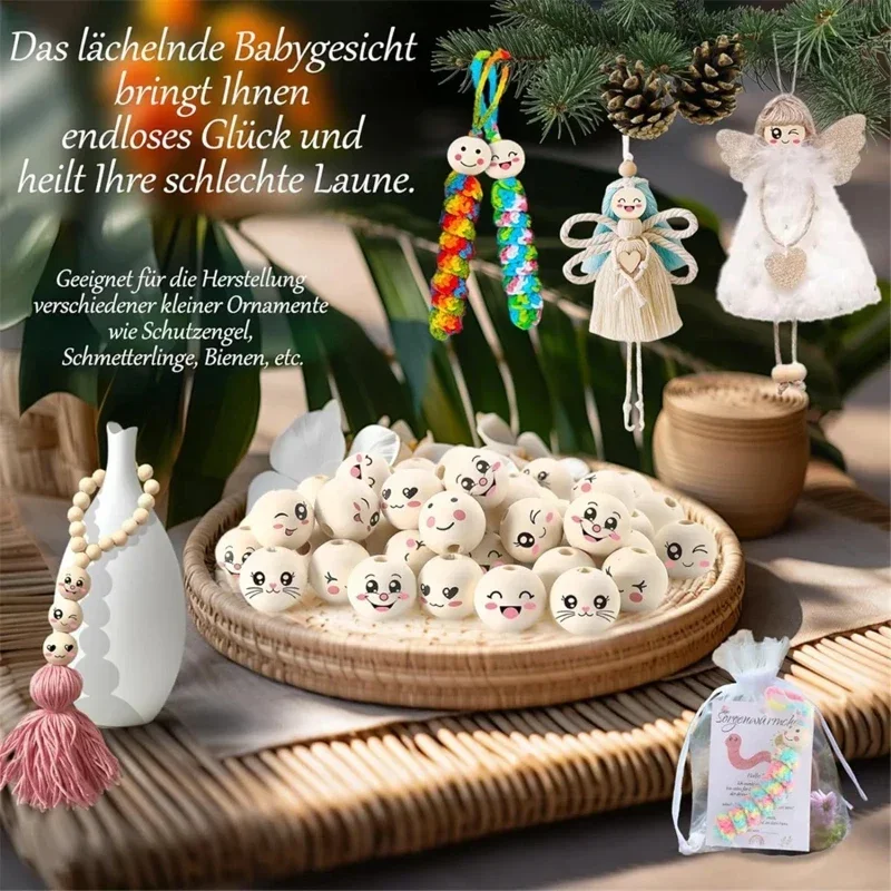 

120 шт. круглых деревянных бусин с веселыми мордочками для изготовления украшений своими руками: браслетов, ожерелий, брелоков, поделок ручной работы, подарков