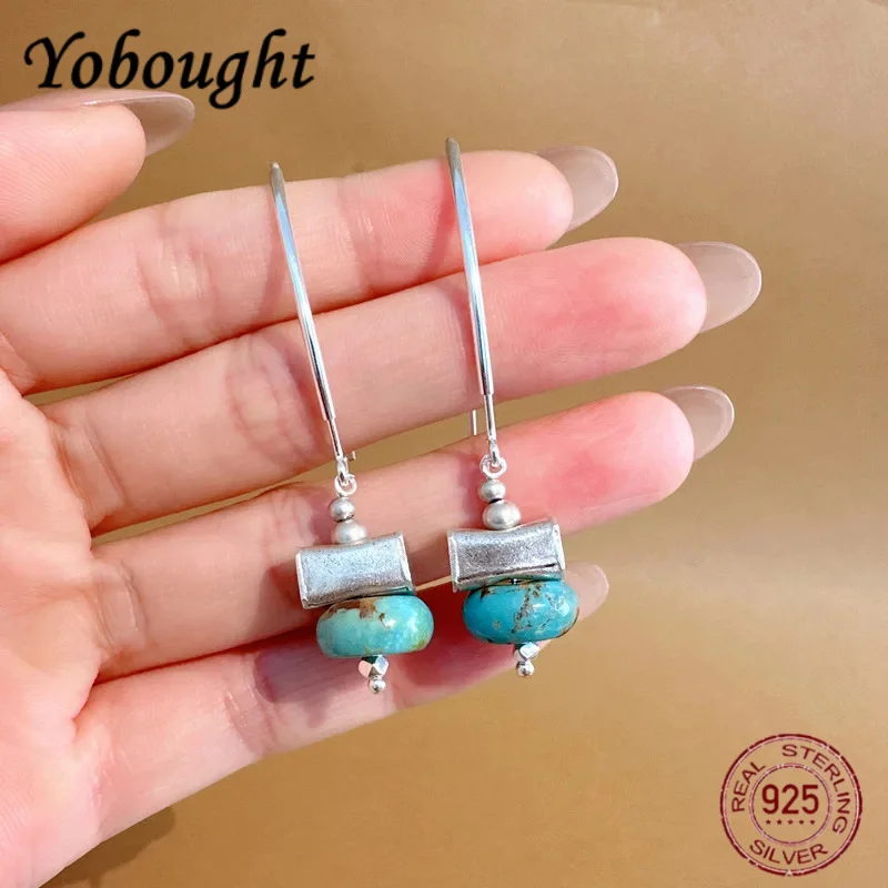 

wholesale 925 Sterling Silver Turquoise Earrings for Women Handmade Chinese Style Retro Irregular Hanging Earrings Jewelry