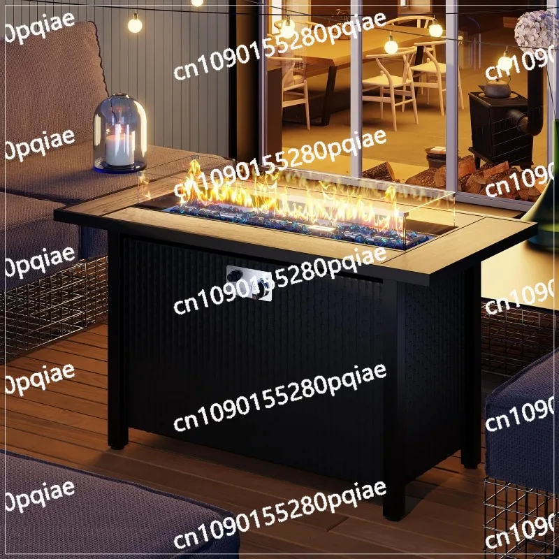 45 Inch Propane Fire Pit Table with Glass Window Protector, Outdoor 50,000 BTU Steel Gas Fire Pit with Lid, Glass Crystal Stone