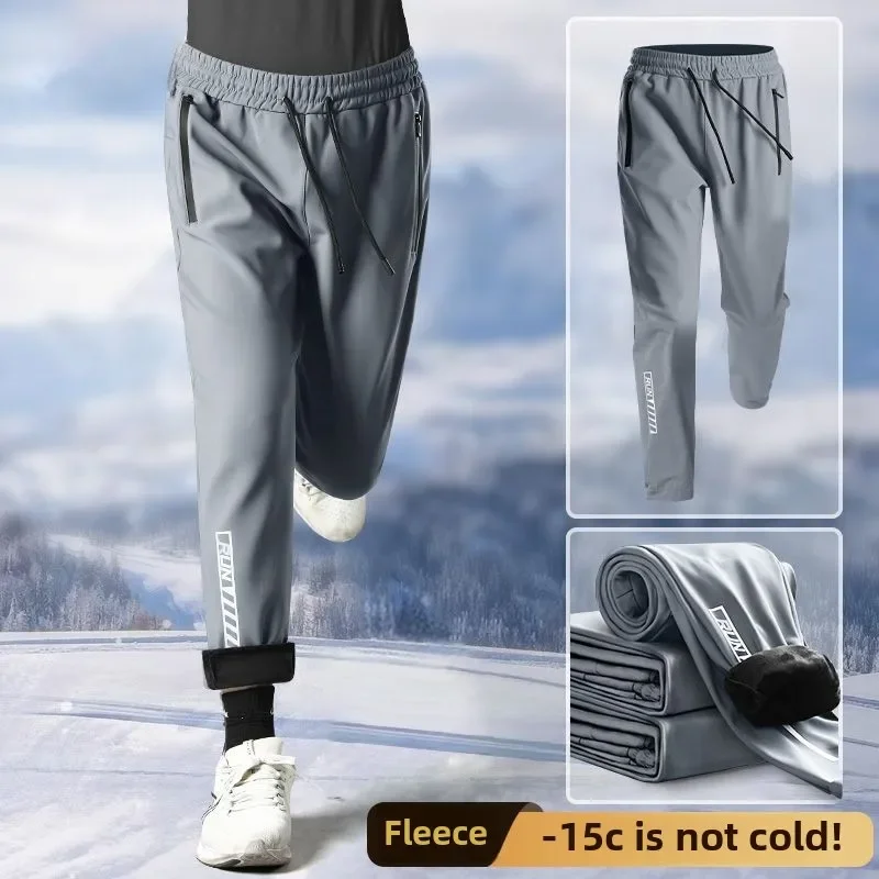 Men's Sports Pants Autumn Winter Plush Warm Phone-Storage Running Quick-Dry Fitness Outdoor Professional Training Man Trousers