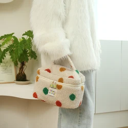 Polka dot lamb hair makeup bag Large capacity cute ins wind storage bag multifunctional travel portable plush toiletry bag