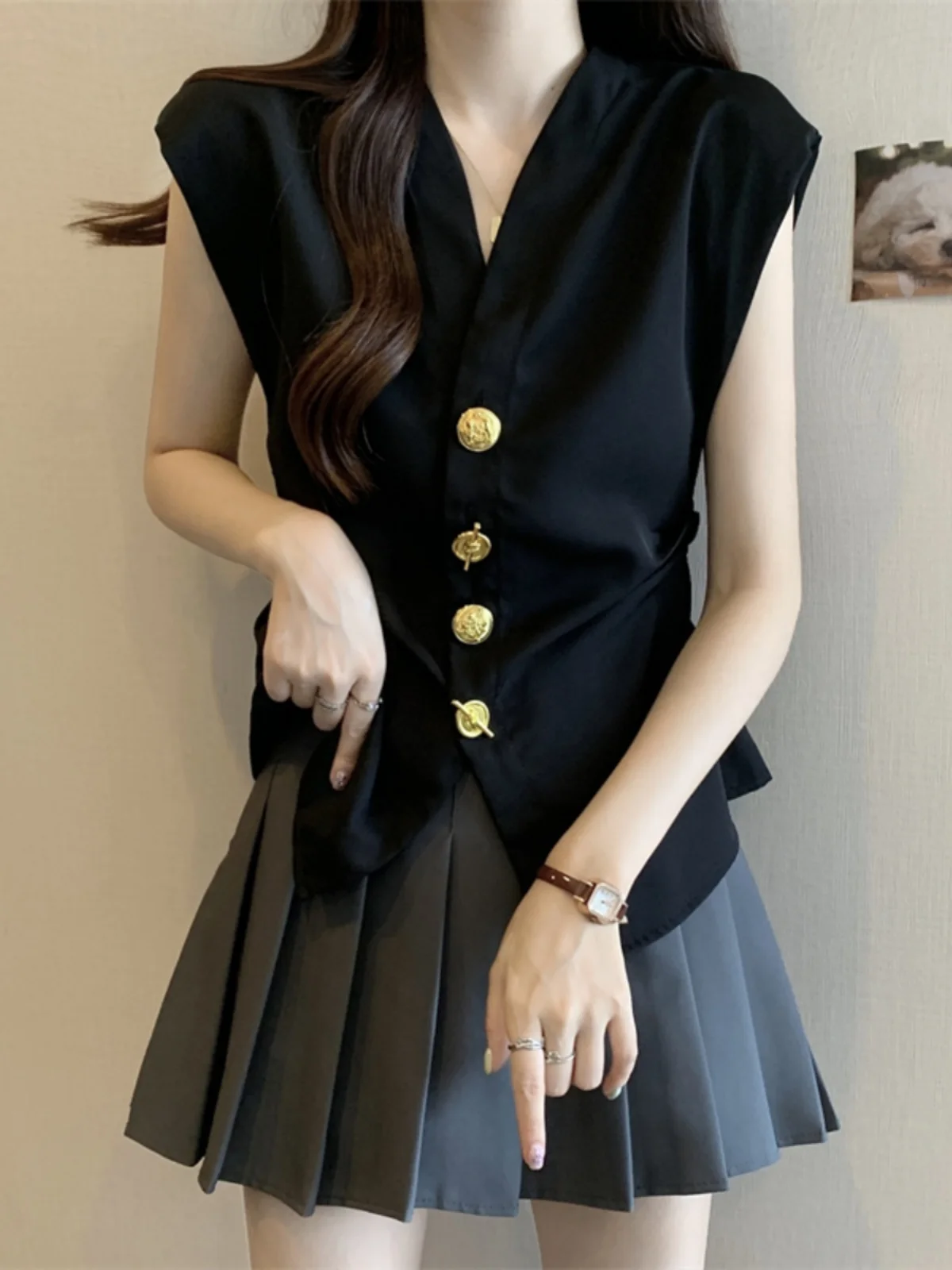 

Retro V-Neck Short Sleeve Shirt Women's Summer plus Size Fashionable Waist-Cinching Top Korean Style Pure Color Commute Wind