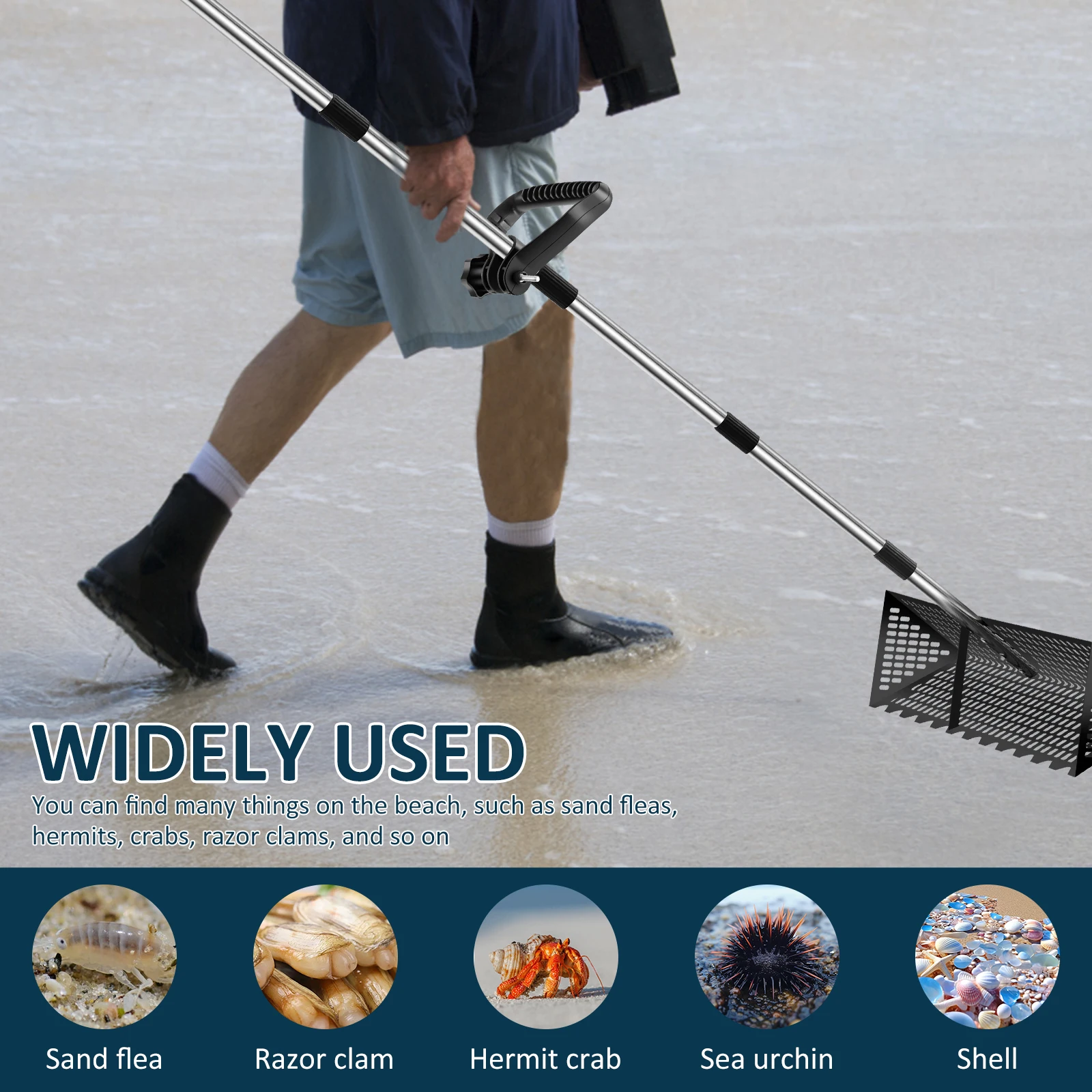 الرمال البراغيث أشعل النار الفولاذ المقاوم للصدأ الرمال المغربل انفصال 52/68 بوصة مقبض طويل للطي القرش الأسنان المغربل ل كراب رمل الشاطئ #4