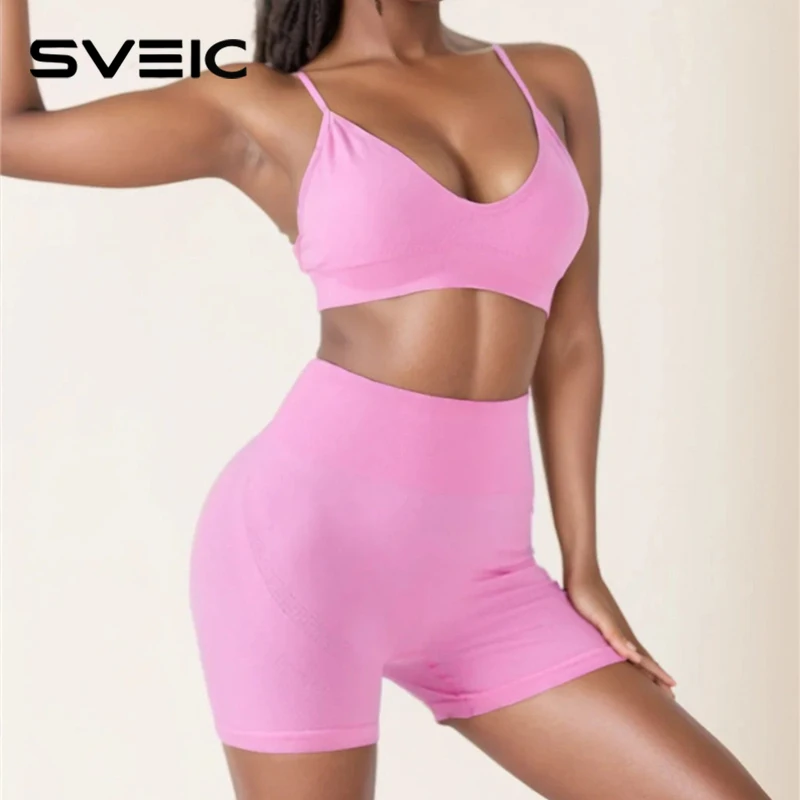 

SVEIC Комплекты спортивных шорт, спортивный бюстгальтер, женские бесшовные леггинсы с высокой талией, комплект из двух предметов, костюмы для фитнеса, женская одежда для бега, йоги