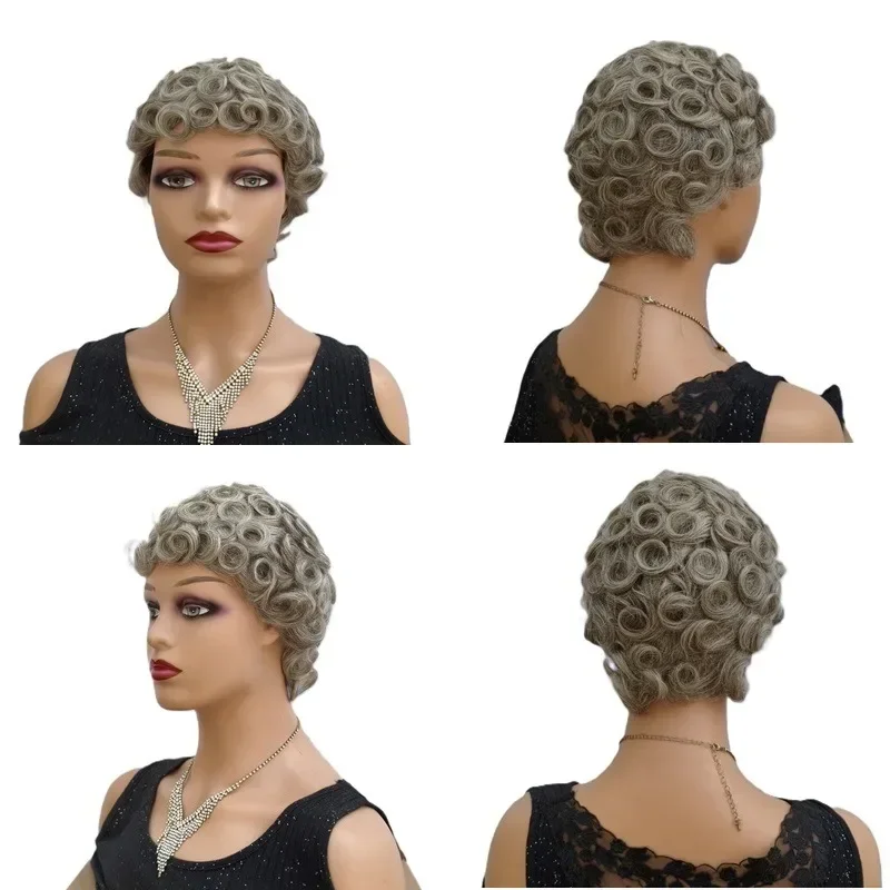 Fotografia 6: Peruca Curta Pixie Cacheada Totalmente Feita à Máquina, 6 Polegadas, 150% de Densidade, Cinza Escuro, Cinza Claro, Cinza Granny, Para Mulheres