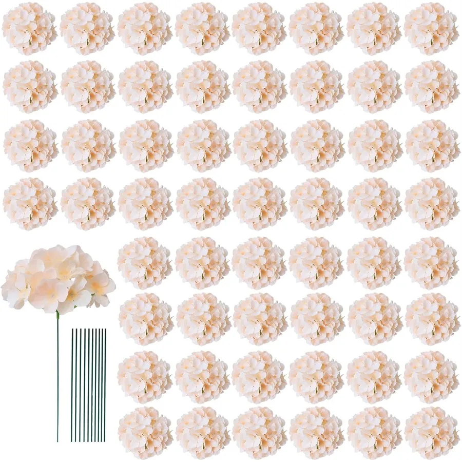 

65pcs Champagne Fake Flowers Hydrangea Artificial Flowers Bulk Realistic Hydrangeas Silk Flowers with Stems for Arrangement Hom