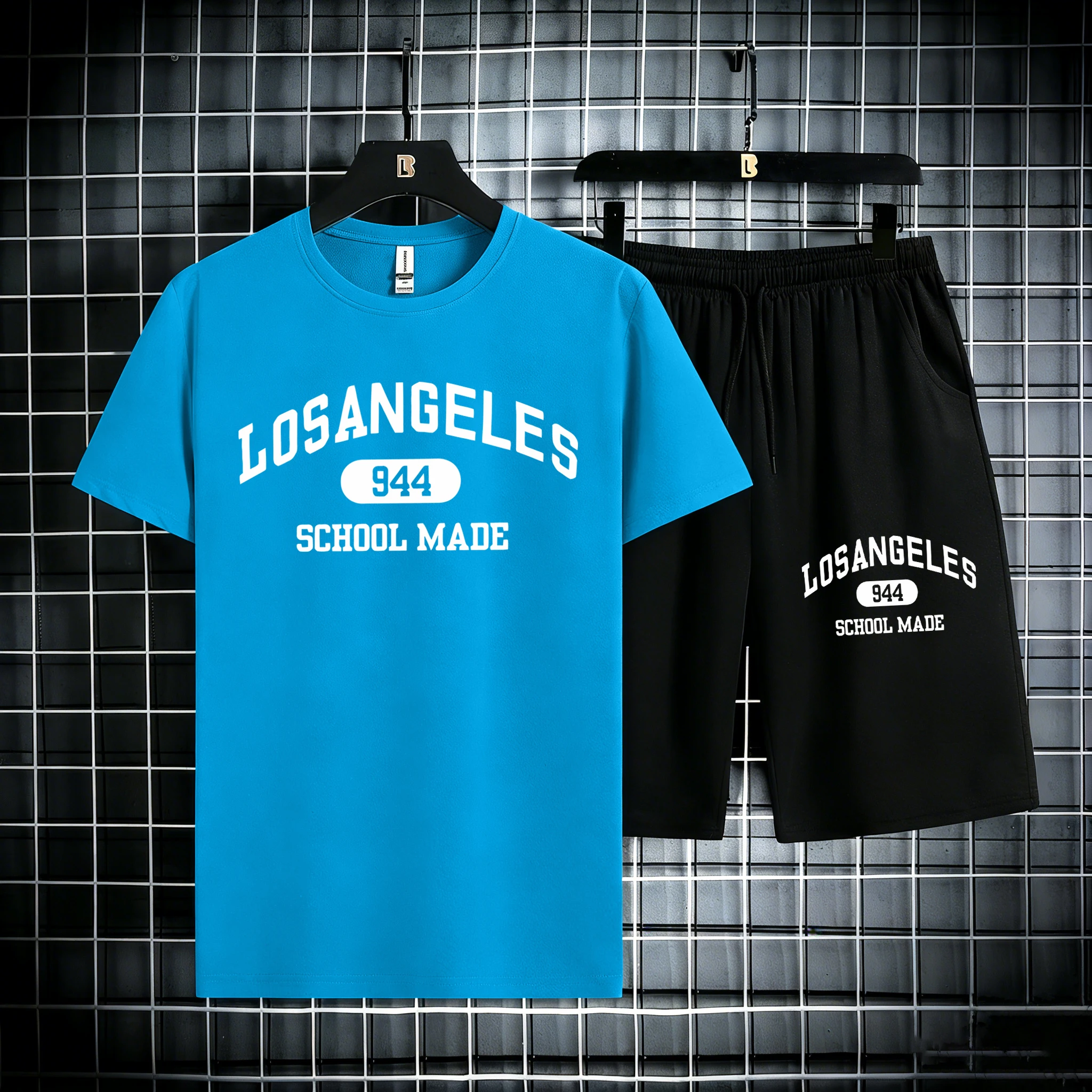 

Los Angeles School Made Print Mens Cotton Summer Beach Streetwear Suits Fashion Office Tee Shirts Stretch Casual Short Pants