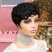 Short Wavy Curly Pixie Cut Full Machine Made Human Hair Wigs With Bang For Black Women Remy Brazilian Hair Pixie Cut Wig 3